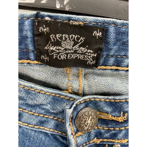 Bebock for Express Jeans Womens Sz 2 Boot Cut Denim Distressed Whiskers - Picture 10 of 13